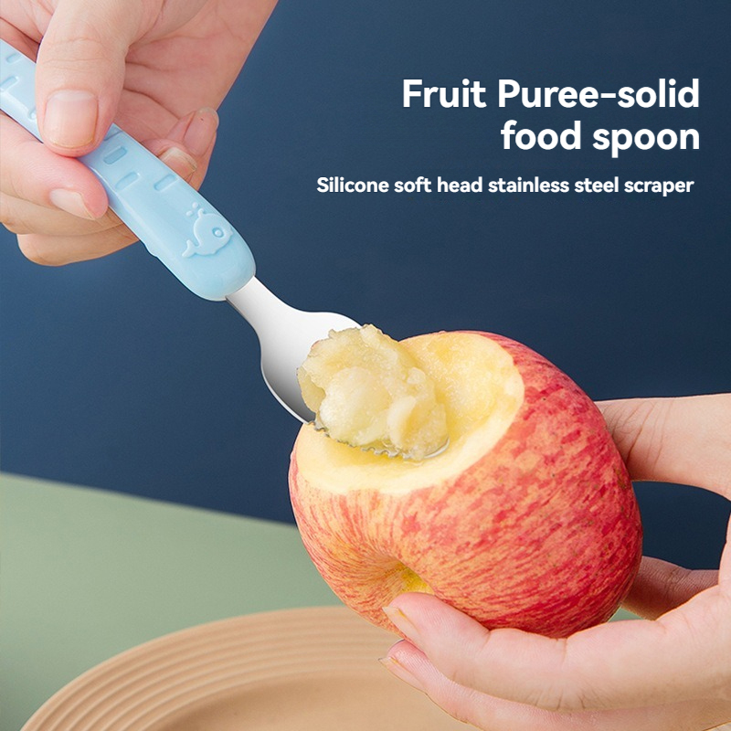 Baby Food Apple - ช้อนขูดอาหารเด็ก - เครื่องทำแอปเปิ้ลบดและปอกผลไม้แบบสองหัว, อุปกรณ์ป้อนอาหารเด็กทำจากซิลิโคน ทำความสะอาดง่าย
