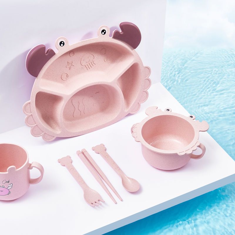 Baby Food Utensils Set - 4/6pcsCrabs เด็กแผ่น,เด็กสร้างสรรค์กินอุปกรณ์,DROP ทนอาหารเด็กแบ่งแผ่น,ฟางข้าวสาลีชามแบ่ง