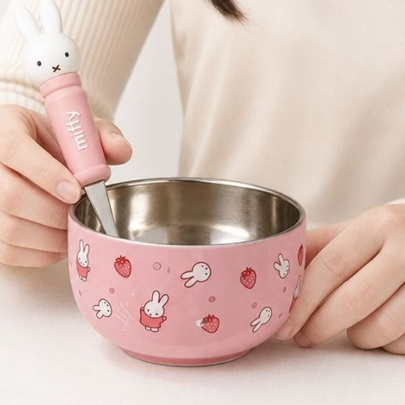 Baby Food In Japan - ชามสแตนเลสสำหรับอาหารเสริมเด็ก ลายการ์ตูนคาวาอี้มิฟฟี่ ป้องกันความร้อน ป้องกันการลื่น ทำความสะอาดง่าย ทนทาน