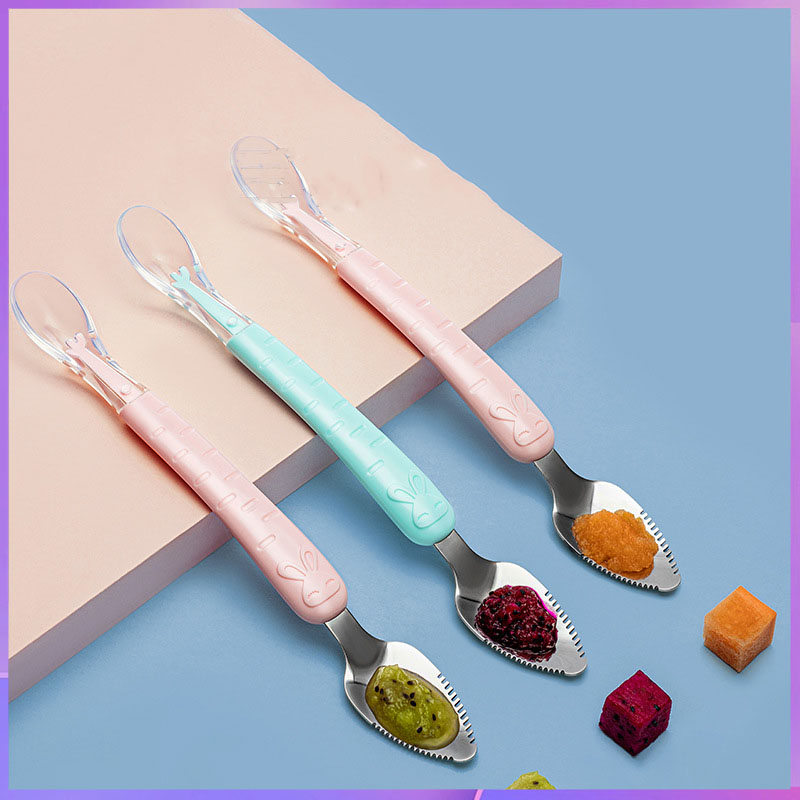 Baby Food Apple - ช้อนขูดสองหัวสำหรับกินแอปเปิ้ลน้ำซุปข้น ช้อนขูดสำหรับขูดผลไม้บด เครื่องมือสำหรับป้อนอาหารและช่วยให้เด็กกินอาหาร