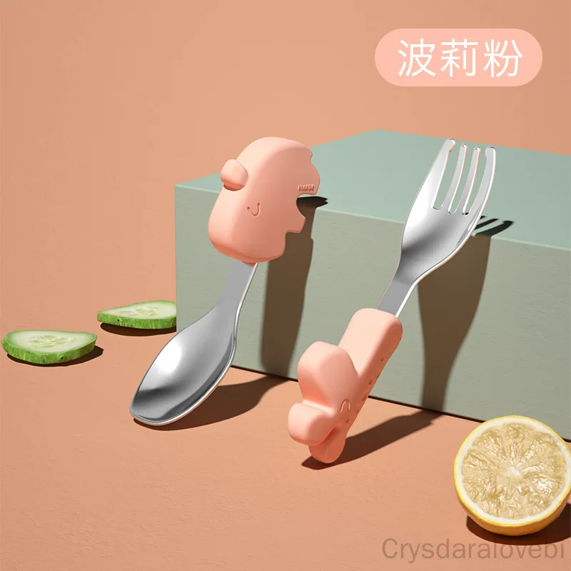 Baby Food In Japan - 1setElephant ช้อนส้อมสั้นชุดเด็กการฝึกอบรมการเรียนรู้กินช้อนสแตนเลสเด็กอาหารเสริมเครื่องมือบนโต๊ะอาหาร