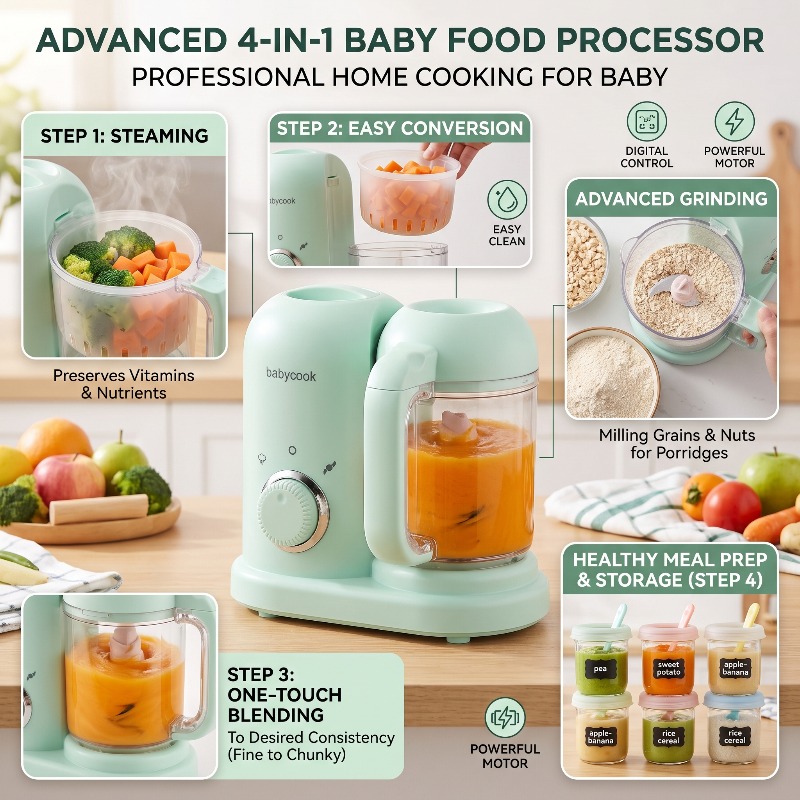 Baby Food Maker And Steamer - เครื่องบดอาหารเด็กอัตโนมัติขนาดเล็ก ความแม่นยำสูง 4 in 1 พร้อมฟังก์ชั่นนึ่ง