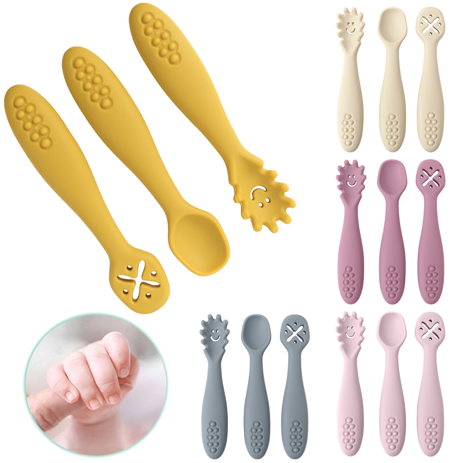 Baby Food Utensils Set - 3PCS ซิลิโคนช้อนส้อมสําหรับทารกชุดอุปกรณ์ให้อาหารเด็กวัยหัดเดินเรียนรู้กินการฝึกอบรมนุ่มส้อมช้อนส้อมชุดอาหารเด็ก