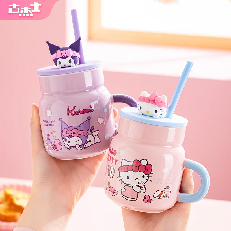 Training Cup Straw - แก้วเซรามิคซานริโอ 450 มล. ลายเฮลโลคิตตี้ คุโรมิ แก้วน้ำการ์ตูนพร้อมหลอดและฝาปิด
