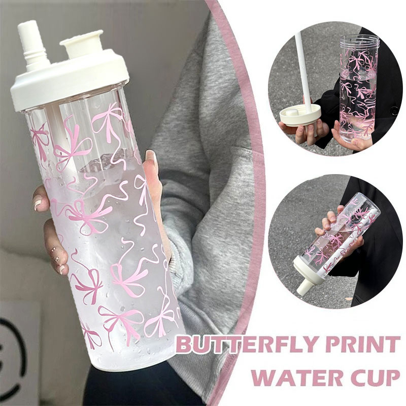 Training Cup Straw - แก้วน้ำกันรั่ว 750 มล. ความจุขนาดใหญ่ ลายโบว์สีชมพู แก้วน้ำพร้อมฝาปิดแบบหลอดดูด