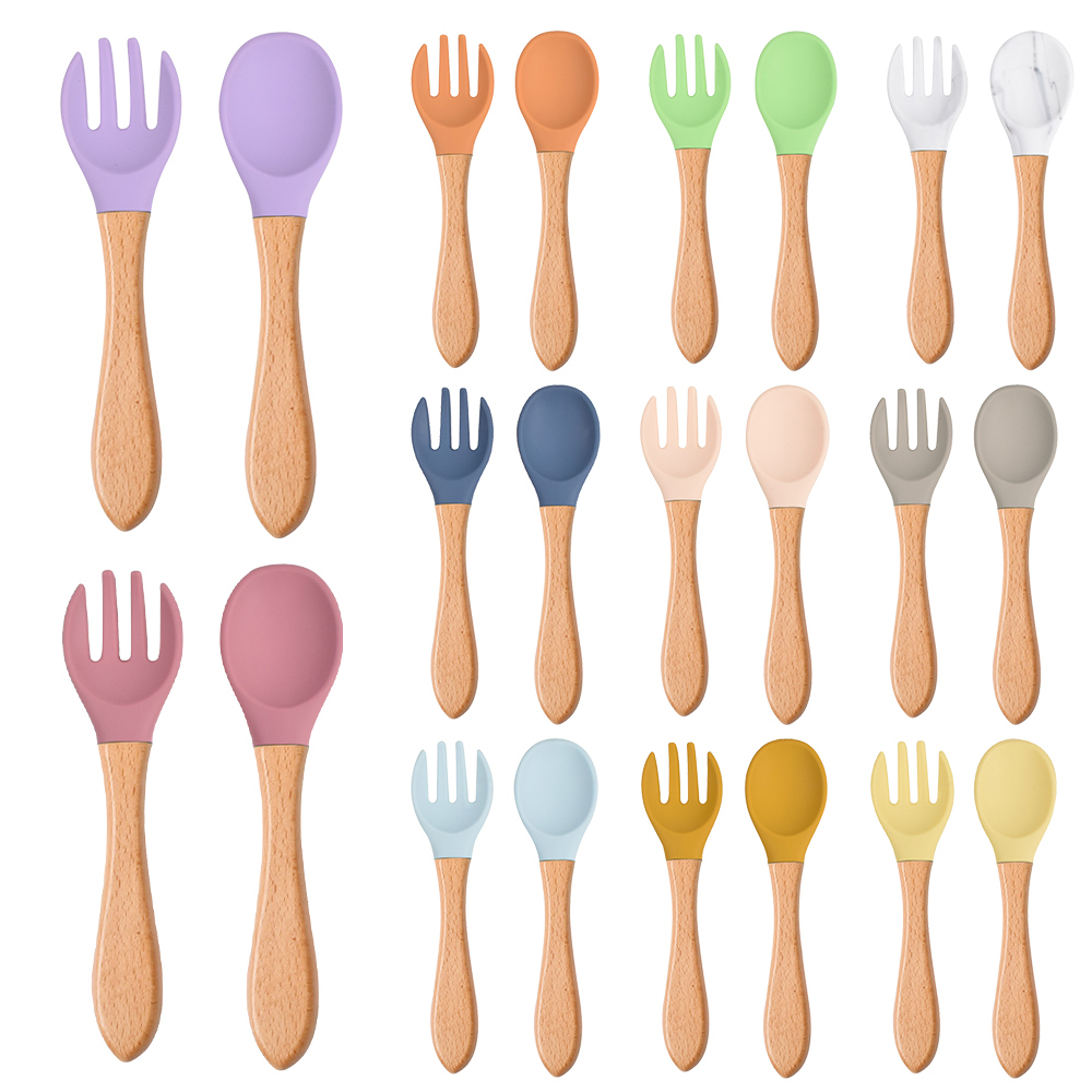 Baby Food Utensils Set - 2 ชิ้น/เซ็ตเด็กซิลิโคนช้อนส้อมไม้ Handle Baby Feeding Tableware