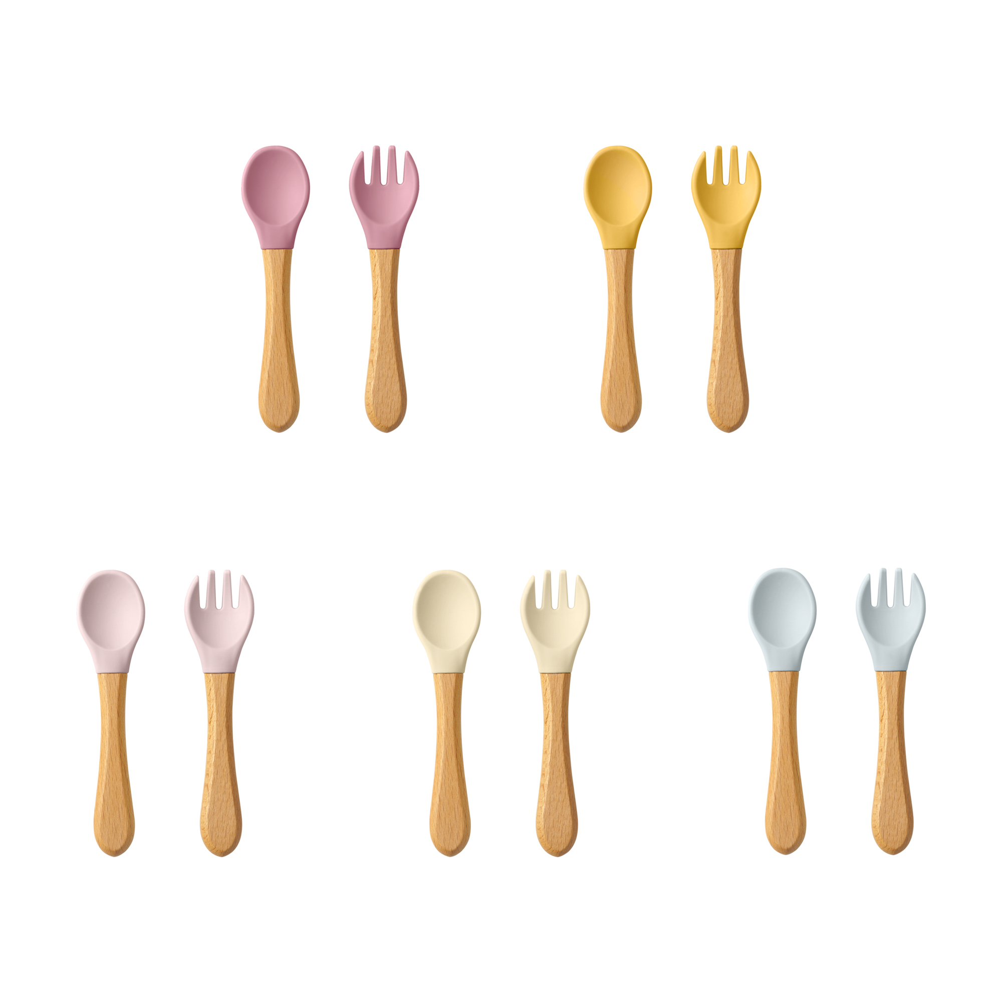 Baby Food Quantity - 2PCS เด็กการเรียนรู้ช้อนชุดอาหารเกรดไม้ Handle ซิลิโคนช้อนส้อมช้อนส้อมการฝึกอบรมช้อนบนโต๊ะอาหาร