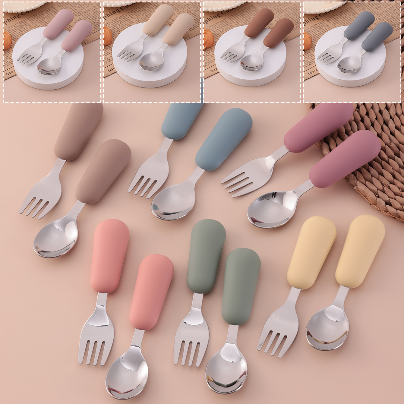 สีเด็ก 2PCS สแตนเลสสตีลช้อนส้อ - Baby Food Utensils Set บทวิจารณ์และราคา
